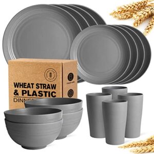 teivio 16-piece kitchen plastic wheat straw dinnerware set, service for 4, dinner plates, dessert plate, cereal bowls, cups, unbreakable plastic outdoor camping dishes, grey