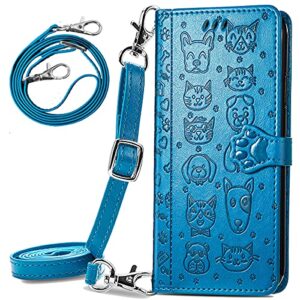 ccsmall samsung galaxy a12 crossbody cell phone wallet case,cute cat dog cartoon style flip phone cover with removable lanyard strap with card holde case for samsung galaxy a12 mgg blue