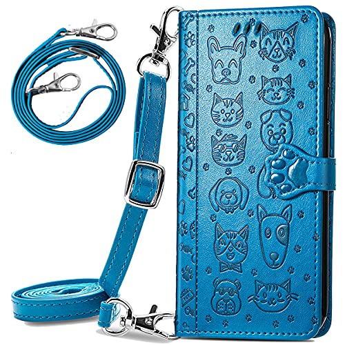 CCSmall Samsung Galaxy A12 Crossbody Cell Phone Wallet Case,Cute Cat Dog Cartoon Style Flip Phone Cover with Removable Lanyard Strap with Card Holde Case for Samsung Galaxy A12 MGG Blue