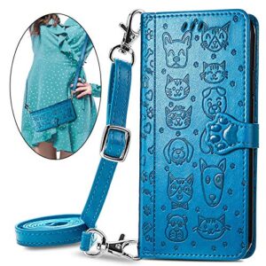 CCSmall Samsung Galaxy A12 Crossbody Cell Phone Wallet Case,Cute Cat Dog Cartoon Style Flip Phone Cover with Removable Lanyard Strap with Card Holde Case for Samsung Galaxy A12 MGG Blue