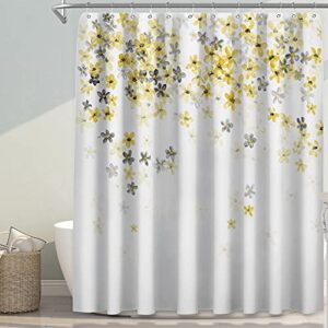 sumgar yellow flower shower curtain bathroom fabric grey floral polyester cloth farmhouse boho rustic summer decorative washable shower curtains set with hooks 72 x 72 inch