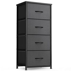 fezibo 4 drawer fabric dresser storage tower, organizer unit for bedroom, closet, entryway, hallway -steel frame, wood top, easy pull handle, black grey