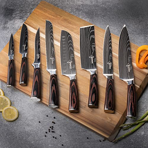 SENKEN 8-piece Premium Japanese Kitchen Knife Set with Laser Damascus Pattern - Imperial Collection - Chef's Knife, Santoku Knife, Bread Knife, Paring Knife & More, Ultra Sharp for Very Fast Cutting