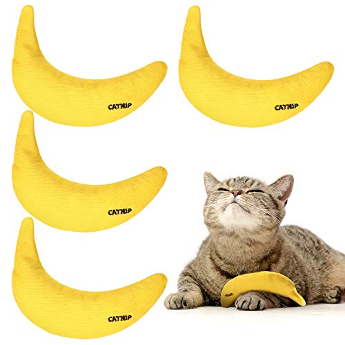 Sotiff 4 Pieces Catnip Toys Yellow Banana Cat Chew Catnip Toys Kitten Interactive Toy Reliable Catnip Filled Cat Toys for Indoor Cats Kittens Chewing Biting Grinding Claw