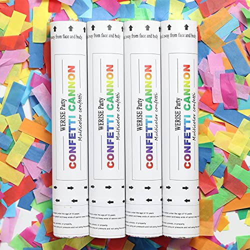 Confetti Cannon Party Popper, WERISE Air Compressed Confetti Cannons Party Shooter for Wedding, Birthday, New Year's Party Celebrations with Biodegradable Multicolor Paper Confetti 12 inch - Set of 4