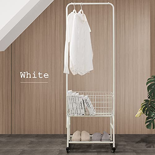 easy moved garment rack with basket for organize, laundry basket, white metal rack,