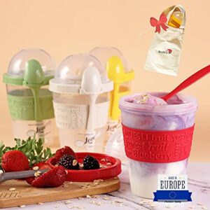 the buybox 20 oz 4 pcs overnight oats container with lid, breakfast on the go cups, take and go yogurt cup with topping cereal or oatmeal container, yogurt container, parfait cups with lids - 4 colors