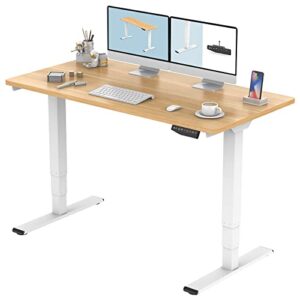 flexispot classic 3 stages dual motor electric standing desk 55x28 inches whole-piece desk board height adjustable desk electric stand up desk sit stand desk(white frame + natural desktop)