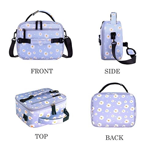 VENLING Insulated Lunch Bag for Work Floral Lunch Box for Women Men Teen Reusable Lunch Bags with Shoulder Strap Lunch Organizer Small Lunch Cooler Bag for Picnic Hiking Camping School,Blue Daisy