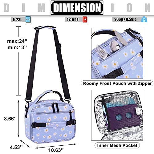 VENLING Insulated Lunch Bag for Work Floral Lunch Box for Women Men Teen Reusable Lunch Bags with Shoulder Strap Lunch Organizer Small Lunch Cooler Bag for Picnic Hiking Camping School,Blue Daisy