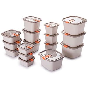 plastic food storage containers w/attached lids. multi sizes containers. microwave/freezer & dishwasher safe - steam release valve. bpa/free (16, beige & orange)