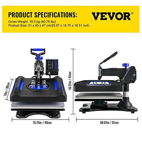 VEVOR Heat Press 15x15, Upgraded Heat Press Machine 5 in 1, Anti-Scald, Fast-Heating, Swing Away Digital Control Multifunction Heat Press for Sublimation Combo for T-Shirt Hat Cap Mug Plate