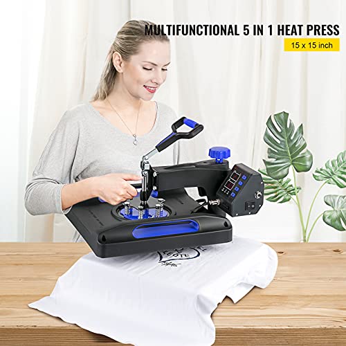 VEVOR Heat Press 15x15, Upgraded Heat Press Machine 5 in 1, Anti-Scald, Fast-Heating, Swing Away Digital Control Multifunction Heat Press for Sublimation Combo for T-Shirt Hat Cap Mug Plate