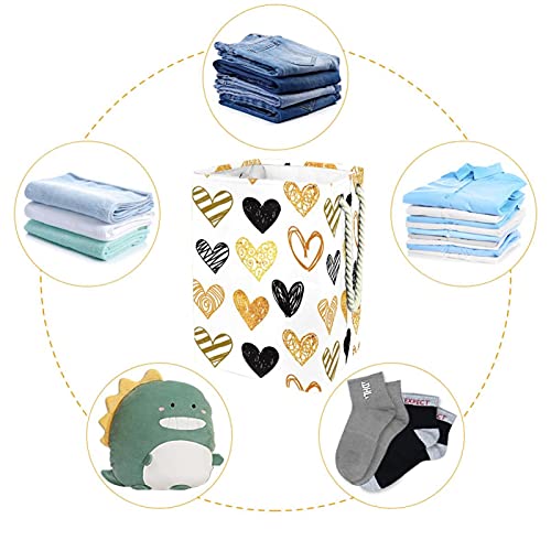 Inhomer Laundry Hamper Hand Painted Golden Black Hearts Collapsible Laundry Baskets Firm Washing Bin Clothes Storage Organization for Bathroom Bedroom Dorm