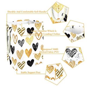 Inhomer Laundry Hamper Hand Painted Golden Black Hearts Collapsible Laundry Baskets Firm Washing Bin Clothes Storage Organization for Bathroom Bedroom Dorm