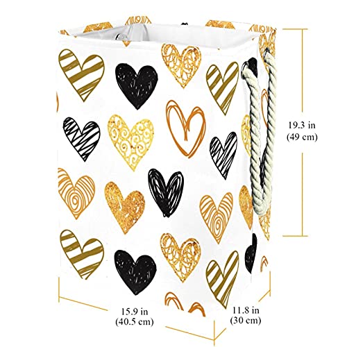 Inhomer Laundry Hamper Hand Painted Golden Black Hearts Collapsible Laundry Baskets Firm Washing Bin Clothes Storage Organization for Bathroom Bedroom Dorm