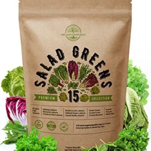 15 Lettuce & Salad Greens Seeds Variety Pack 7500+ Non-GMO Heirloom Lettuce Seeds for Planting Indoors & Outdoors Garden, Hydroponics, Aerogarden - Arugula, Kale, Spinach, Swiss Chard, Lettuce & More