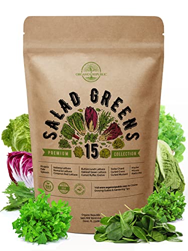 15 Lettuce & Salad Greens Seeds Variety Pack 7500+ Non-GMO Heirloom Lettuce Seeds for Planting Indoors & Outdoors Garden, Hydroponics, Aerogarden - Arugula, Kale, Spinach, Swiss Chard, Lettuce & More