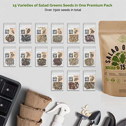 15 Lettuce & Salad Greens Seeds Variety Pack 7500+ Non-GMO Heirloom Lettuce Seeds for Planting Indoors & Outdoors Garden, Hydroponics, Aerogarden - Arugula, Kale, Spinach, Swiss Chard, Lettuce & More