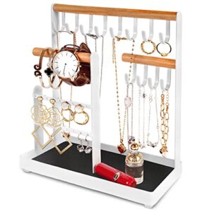 jewelry organizer stand holder, metal and wood 3 tier white jewelry display earring organizer ring tray and hooks stand storage necklaces bracelets rings watches jewelry towers for women girls gift