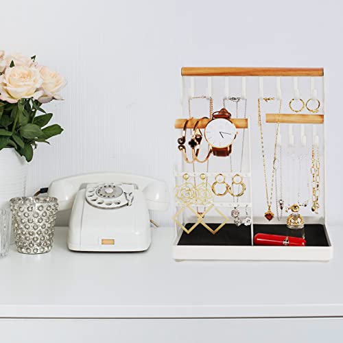 Jewelry Organizer Stand Holder, Metal and Wood 3 Tier White Jewelry Display Earring Organizer Ring Tray and Hooks Stand Storage Necklaces Bracelets Rings Watches Jewelry Towers for Women Girls Gift