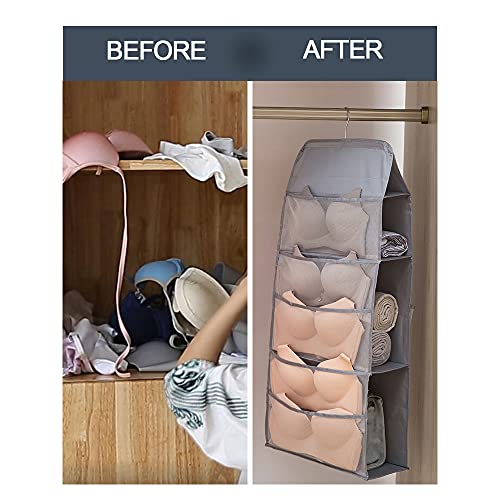 DOMEZO Dual-Sided Closet Hanging Organizer with Rotating Metal Hanger and Mesh Pockets for Underwear, Bras, Socks, Towels, Handbags, Stockings Storage, Oxford Hanging Bags (3+5+15 Pockets, Grey)