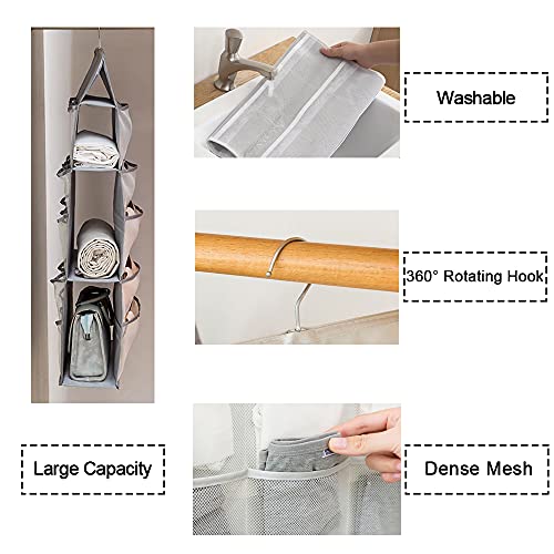 DOMEZO Dual-Sided Closet Hanging Organizer with Rotating Metal Hanger and Mesh Pockets for Underwear, Bras, Socks, Towels, Handbags, Stockings Storage, Oxford Hanging Bags (3+5+15 Pockets, Grey)