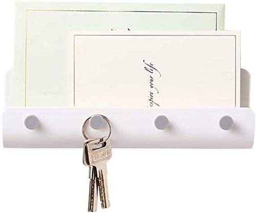 LuoCoCo Plastic Mail Key Holder for Wall, Modern U Shape Letter Shelf Organizer with 4 Hooks and 2 Self Adhesive Tape for Entryway Kitchen Bathroom Office Holding Phones Purse Masks White/Grey (White)