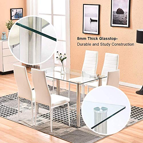 4HOMART Yvonne&F.L.A.M. 7PCS Dining Table and White Chairs Set Glass Dining Kitchen Table Set Modern Tempered Glass Top Table and White PU Leather Chairs