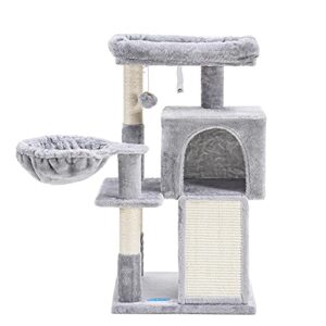 Hey-brother Cat Tree with Sisal Scratching Posts, Cat Tower with Scratching Board,Multi-Level Cat Condo with Basket,Light Grey MPJ014W