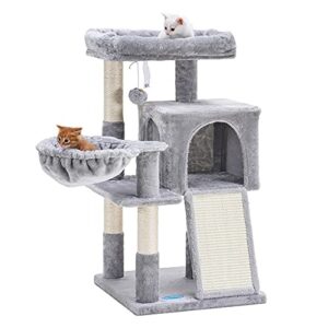 hey-brother cat tree with sisal scratching posts, cat tower with scratching board,multi-level cat condo with basket,light grey mpj014w