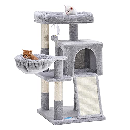 Hey-brother Cat Tree with Sisal Scratching Posts, Cat Tower with Scratching Board,Multi-Level Cat Condo with Basket,Light Grey MPJ014W