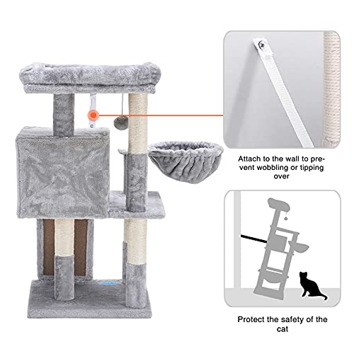 Hey-brother Cat Tree with Sisal Scratching Posts, Cat Tower with Scratching Board,Multi-Level Cat Condo with Basket,Light Grey MPJ014W