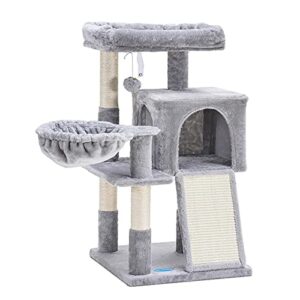 Hey-brother Cat Tree with Sisal Scratching Posts, Cat Tower with Scratching Board,Multi-Level Cat Condo with Basket,Light Grey MPJ014W