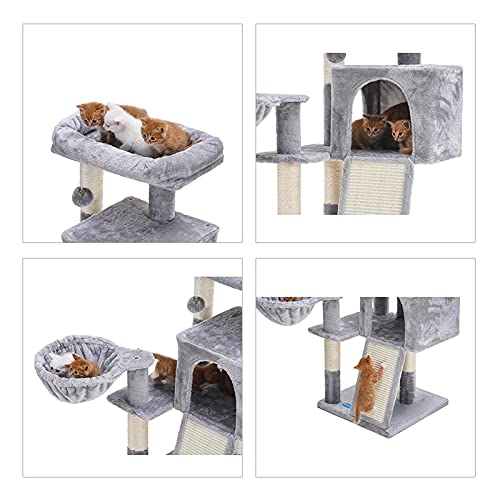 Hey-brother Cat Tree with Sisal Scratching Posts, Cat Tower with Scratching Board,Multi-Level Cat Condo with Basket,Light Grey MPJ014W