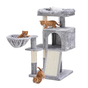 Hey-brother Cat Tree with Sisal Scratching Posts, Cat Tower with Scratching Board,Multi-Level Cat Condo with Basket,Light Grey MPJ014W