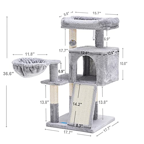 Hey-brother Cat Tree with Sisal Scratching Posts, Cat Tower with Scratching Board,Multi-Level Cat Condo with Basket,Light Grey MPJ014W