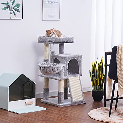 Hey-brother Cat Tree with Sisal Scratching Posts, Cat Tower with Scratching Board,Multi-Level Cat Condo with Basket,Light Grey MPJ014W