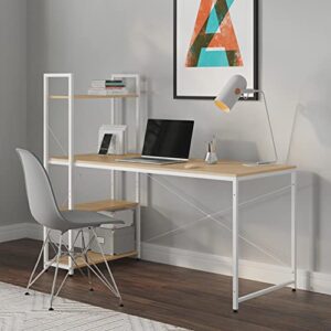 ames 55" reversible gaming computer desk with adjustable shelves, home office desk, grommet cable-management, leveler feet, easy assembly, white/white oak