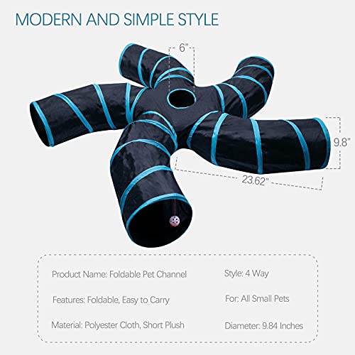 EGETOTA Cat Tunnel for Indoor Cats Large, with Play Ball S-Shape 5 Way Collapsible Interactive Peek Hole Pet Tube Toys, Puppy, Kitty, Kitten, Rabbit (Blue & Black)
