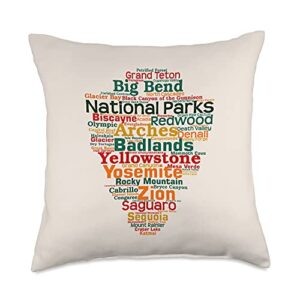 national parks design by pine hill goods national parks word list cloud camping hiking men women kids throw pillow, 18x18, multicolor
