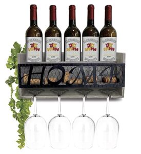 cota global modern grey wall mounted wine rack - wooden wine bottle holder for 5 bottles & 4 wine glasses with cork storage, hanging metal home sign & organizer wood shelf for wine bar & home décor