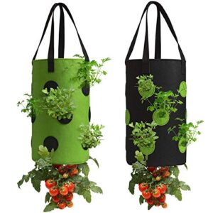 2 pack black and green upside down tomato & herb planter, hanging durable aeration fabric strawberry planter bags