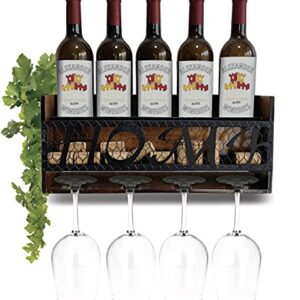 CoTa Global Vintage Brown Wall Mounted Wine Rack - Wooden Wine Bottle Holder for 5 Bottles & 4 Wine Glasses with Cork Storage, Hanging Metal Home Sign & Organizer Wood Shelf for Wine Bar & Home Décor