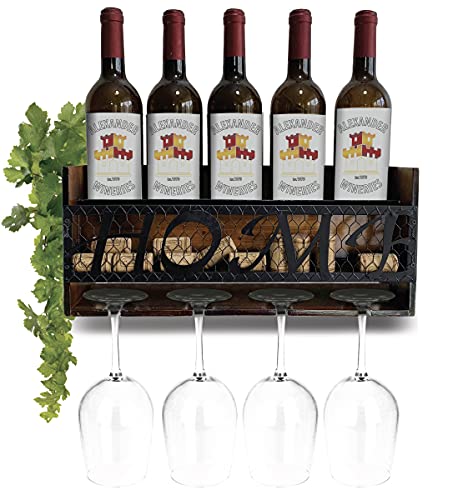 CoTa Global Vintage Brown Wall Mounted Wine Rack - Wooden Wine Bottle Holder for 5 Bottles & 4 Wine Glasses with Cork Storage, Hanging Metal Home Sign & Organizer Wood Shelf for Wine Bar & Home Décor