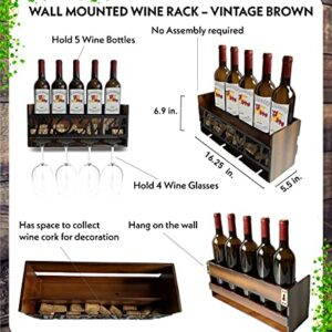 CoTa Global Vintage Brown Wall Mounted Wine Rack - Wooden Wine Bottle Holder for 5 Bottles & 4 Wine Glasses with Cork Storage, Hanging Metal Home Sign & Organizer Wood Shelf for Wine Bar & Home Décor