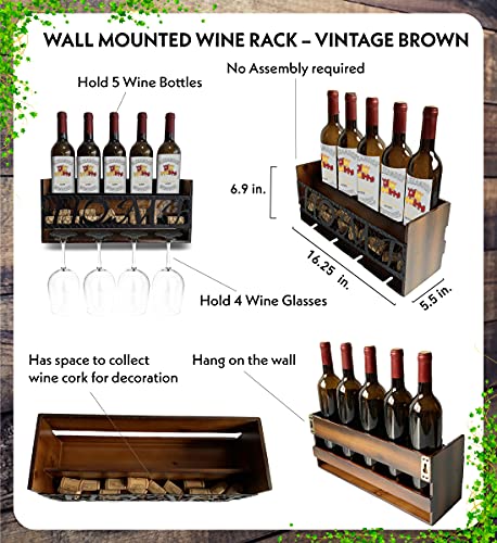 CoTa Global Vintage Brown Wall Mounted Wine Rack - Wooden Wine Bottle Holder for 5 Bottles & 4 Wine Glasses with Cork Storage, Hanging Metal Home Sign & Organizer Wood Shelf for Wine Bar & Home Décor