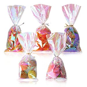 qtop cellophane treat bags,iridescent holographic goodie bags, clear cello bags with twist ties for birthday party favors, valentines, easter, weddings