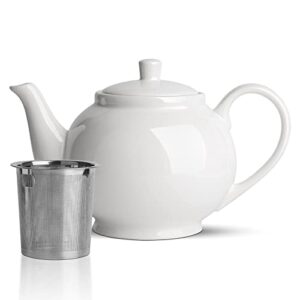 comsaf porcelain teapot with removable infuser & lid 37oz(4-5 cups), large tea pot with stainless steel fine mesh infuser, ceramic tea maker with strainer for loose leaf tea or bags, white