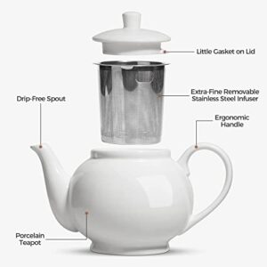 ComSaf Porcelain Teapot with Removable Infuser & Lid 37oz(4-5 Cups), Large Tea Pot with Stainless Steel Fine Mesh Infuser, Ceramic Tea Maker with Strainer for Loose Leaf Tea or Bags, White